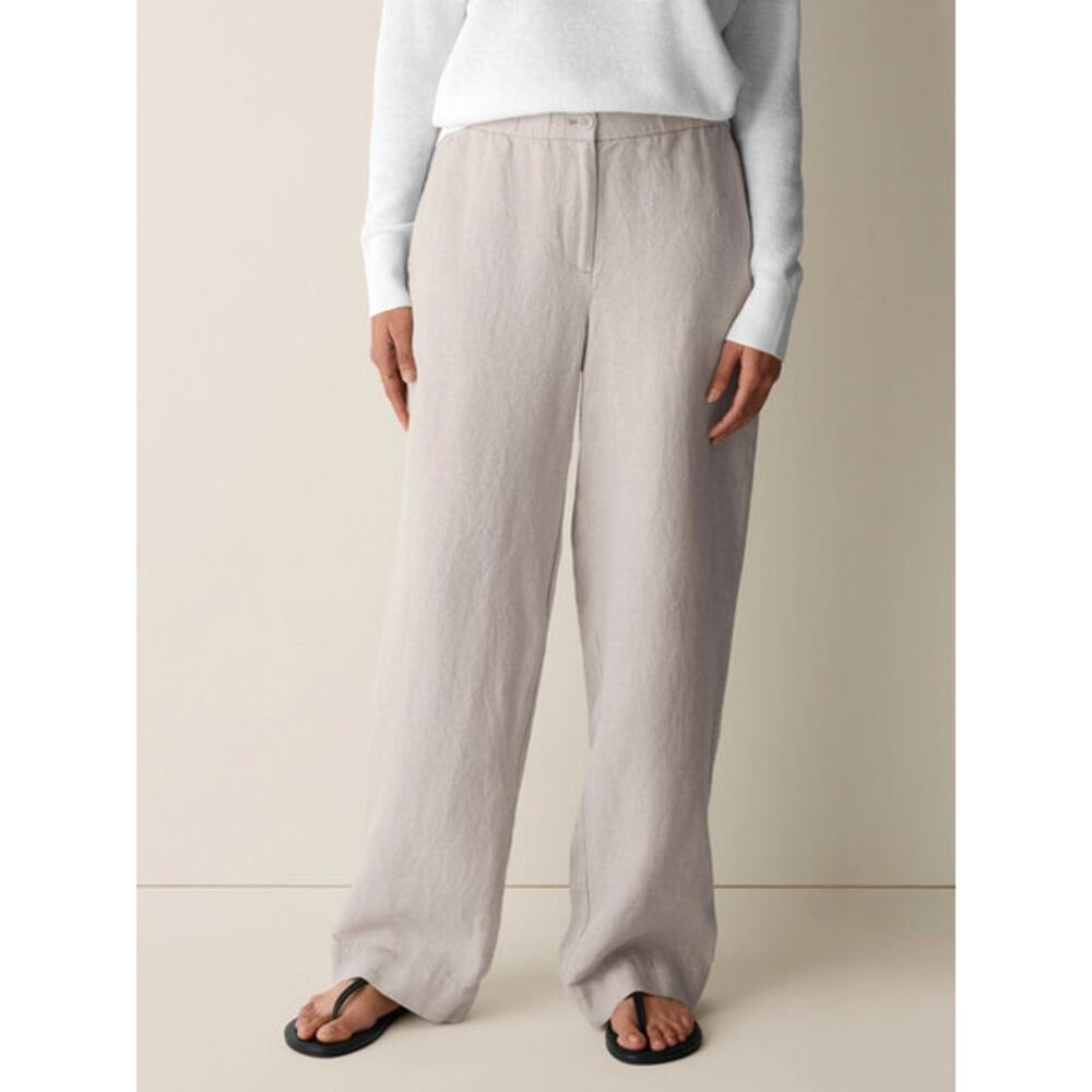 Eileen Fisher Wheat Beige Organic Linen Full Length Straight Wide Leg Trousers - Picture 2 of 7